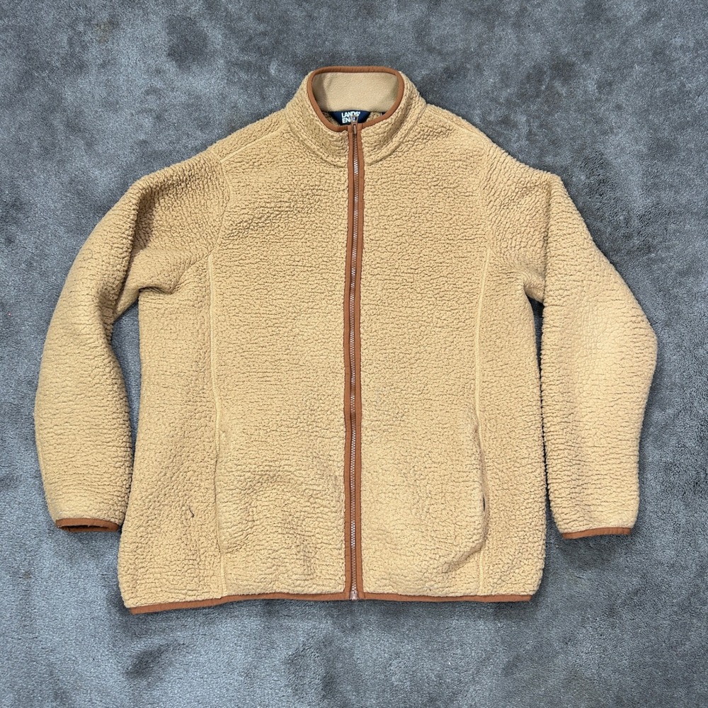 Lands End Fleece Jacket Mens XL 18 Tan Solid Sherpa Full Zip Mock Neck